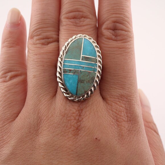 Navajo Sonoran and AZ Blue Turquoise Inlay Ring‎ Signed Handmade NA Sz 8.25US** - Picture 7 of 14